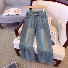 重工のホットドリルのワイド脚のジーパンの女性の秋の高い街のinsの潮の高い腰のペンダント感のゆったりしたストレートのモップのズボン