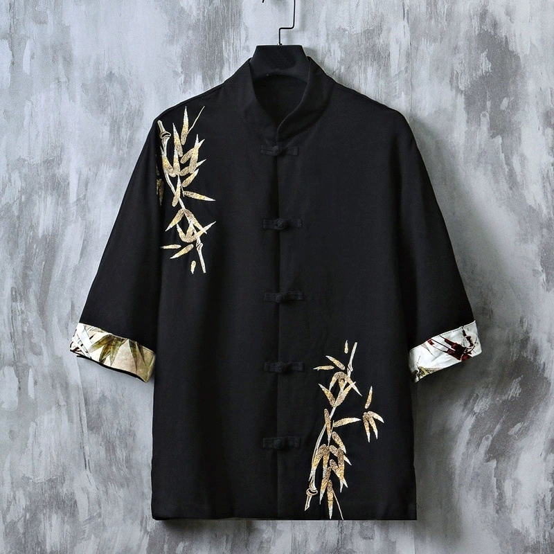 2025 Summer Short-Sleeved Shirt Men's Thin Chinese Style Men's Hanfu Embroidered Tea Suit Zhongshan Suit Tang Suit Half-Sleeved Trendy