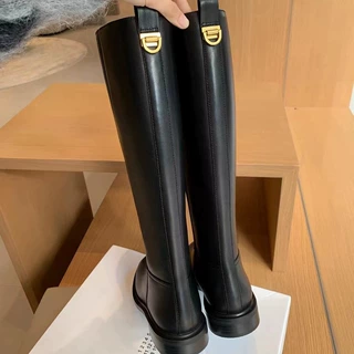 现货葡萄妈同款 简约圆头低跟侧拉链时装高长筒骑士靴女2025秋冬