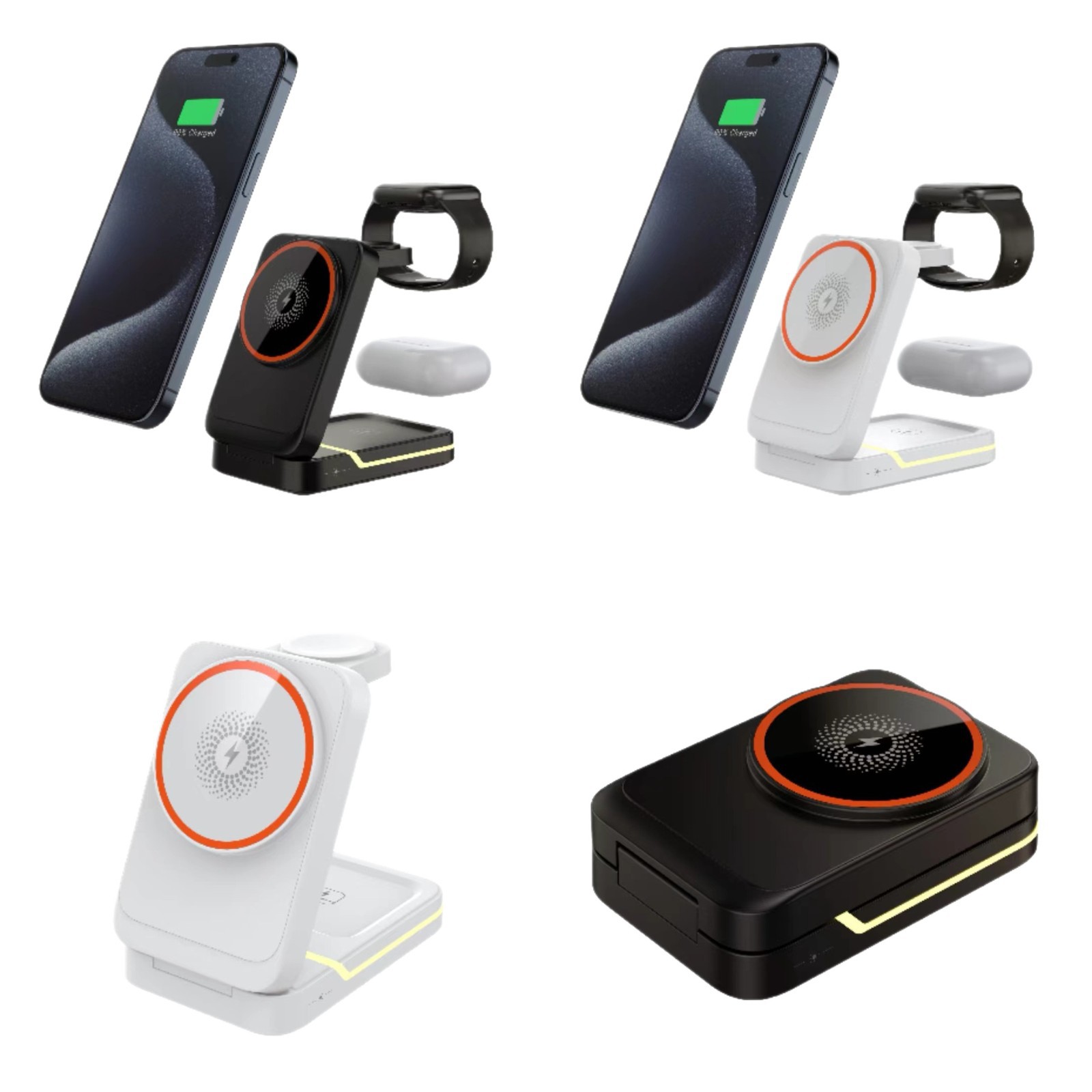 Soporte de carga inalámbrico magnético tres en uno, plegable y de almacenamiento, luz nocturna, para auriculares, reloj, teléfono móvil, cargador inalámbrico vertical de carga rápida