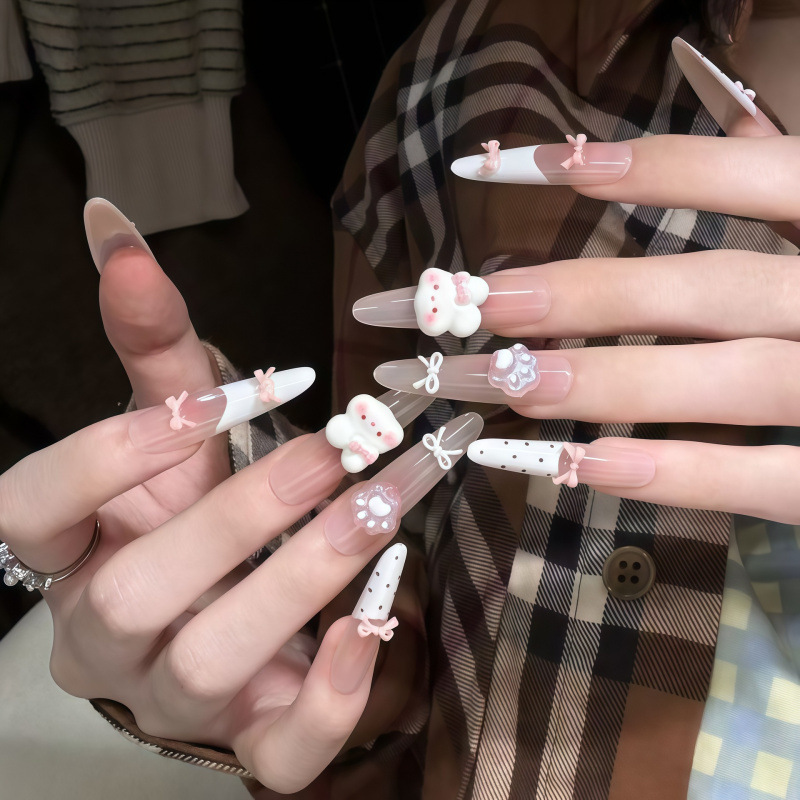 Korean-Style Milky White Pure Desire Nails, Nude Pink Transparent Base with 3D Doll Bow, 2026 Student Daily Finished Fake Nails Korean-Style Milky White Pure Desire Nails, Nude Pink Transparent Base with 3D Doll Bow, 2026 Student Daily Finished Fake Nails