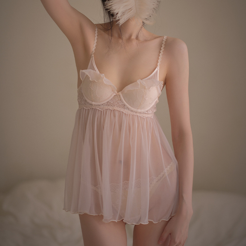 Original O sexy sexy pajamas women's 2024 autumn new small chest with steel ring pure lace transparent sling nightgown