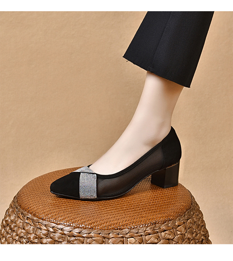Giày sneaker nữ da lộn lưới thoáng khí đế bằng miệng nông — Gót thô màu đen (5 cm) chi tiết 6