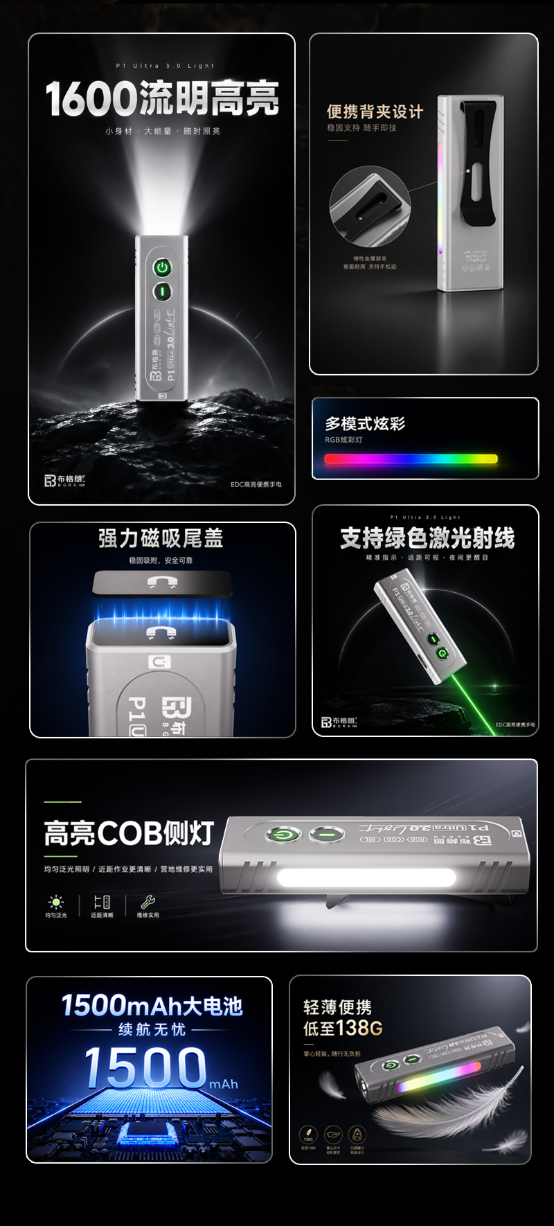 Green laser magnetic flashlight, ultra-bright RGB multi-color, small, portable, and versatile EDC work light for outdoor use and repairs