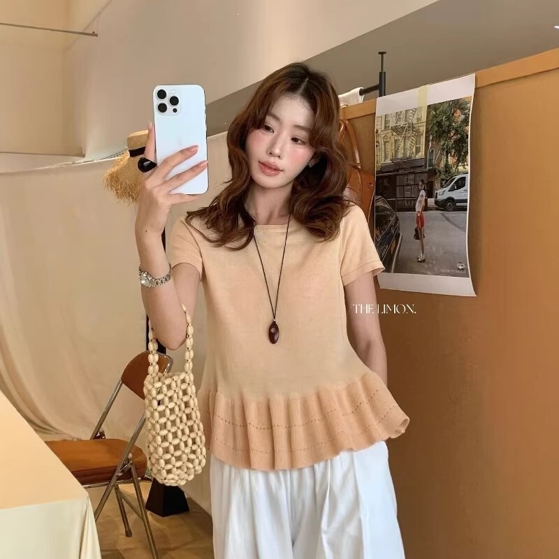 Summer Simple Design Pleated Lace Waist-Cinching Slim-Fit Round Neck Short-Sleeved Knitted Sweater for Women