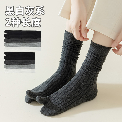 Split-toe socks, two-toe socks, women's spring and autumn pure cotton double-needle striped cotton socks, mid-tube, black and gray, deodorant, boneless pile socks