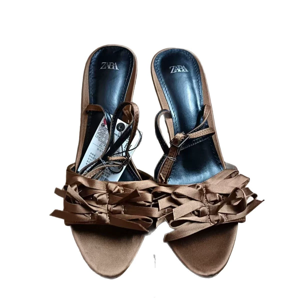 ZA 2025 spring and summer new one-strip olive brown bow decoration sandals brown stiletto heel hollow fashion women's shoes