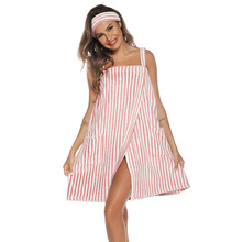 跨境亚马逊货源浴袍吊带毛巾布条纹浴裙摩术贴女士浴巾浴袍性感