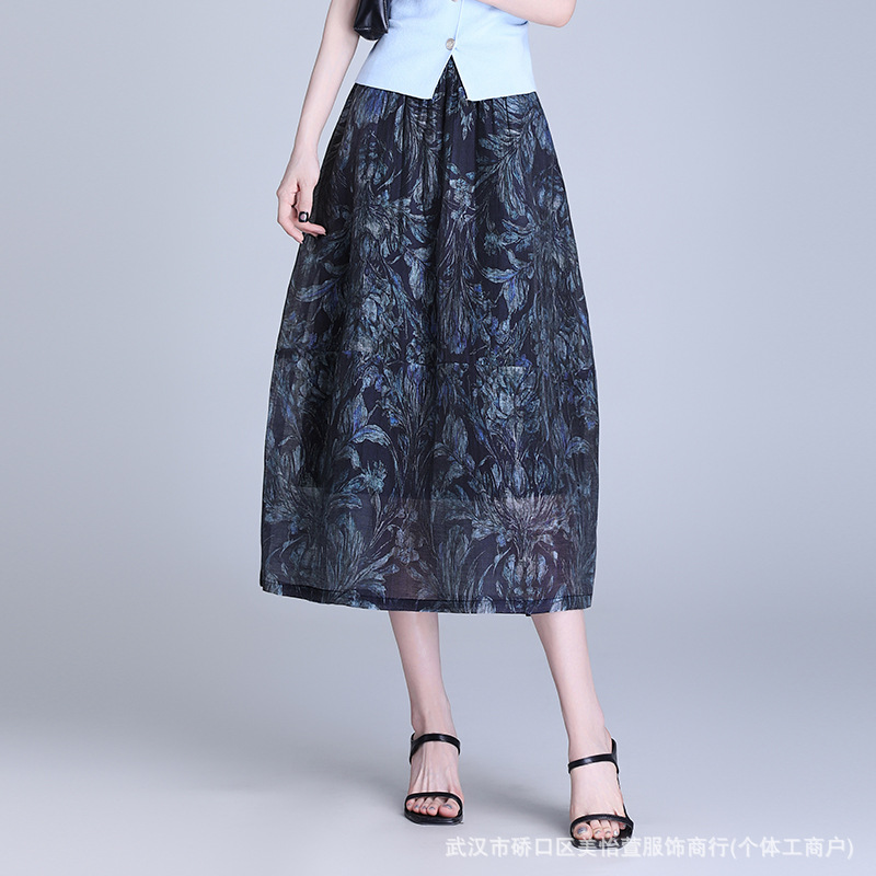 中长款印花时尚花苞裙2025年夏季新款洋气蓬蓬裙松紧腰休闲半身裙
