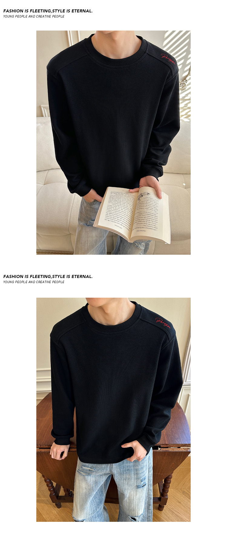 Men's Long-sleeve Waffle T-shirt With Embroidered Red Label Logo_voghion.com