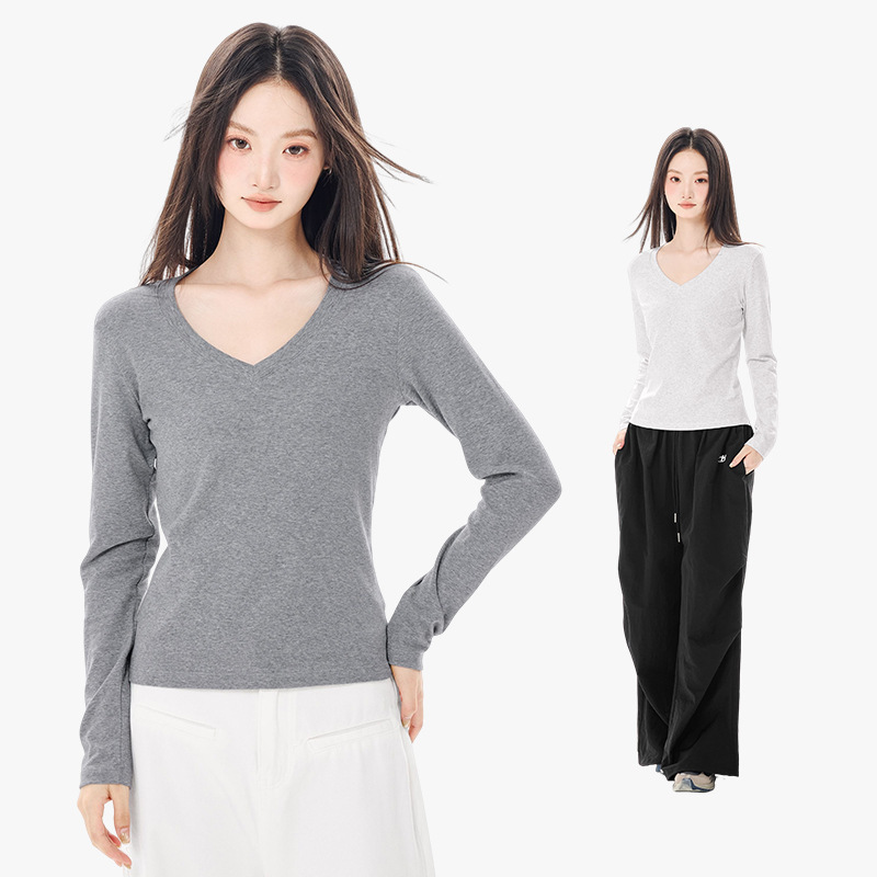 Solid Color Slim V-Neck Regular Shoulder Long-Sleeve T-Shirt for Women, New Autumn Slim Short Style Hot Girl Inner Base Top for Girls