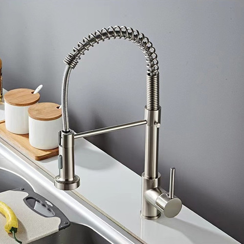 Cross-border kitchen stainless steel sink double outlet spring faucet hot and cold water rotating universal pull-out faucet