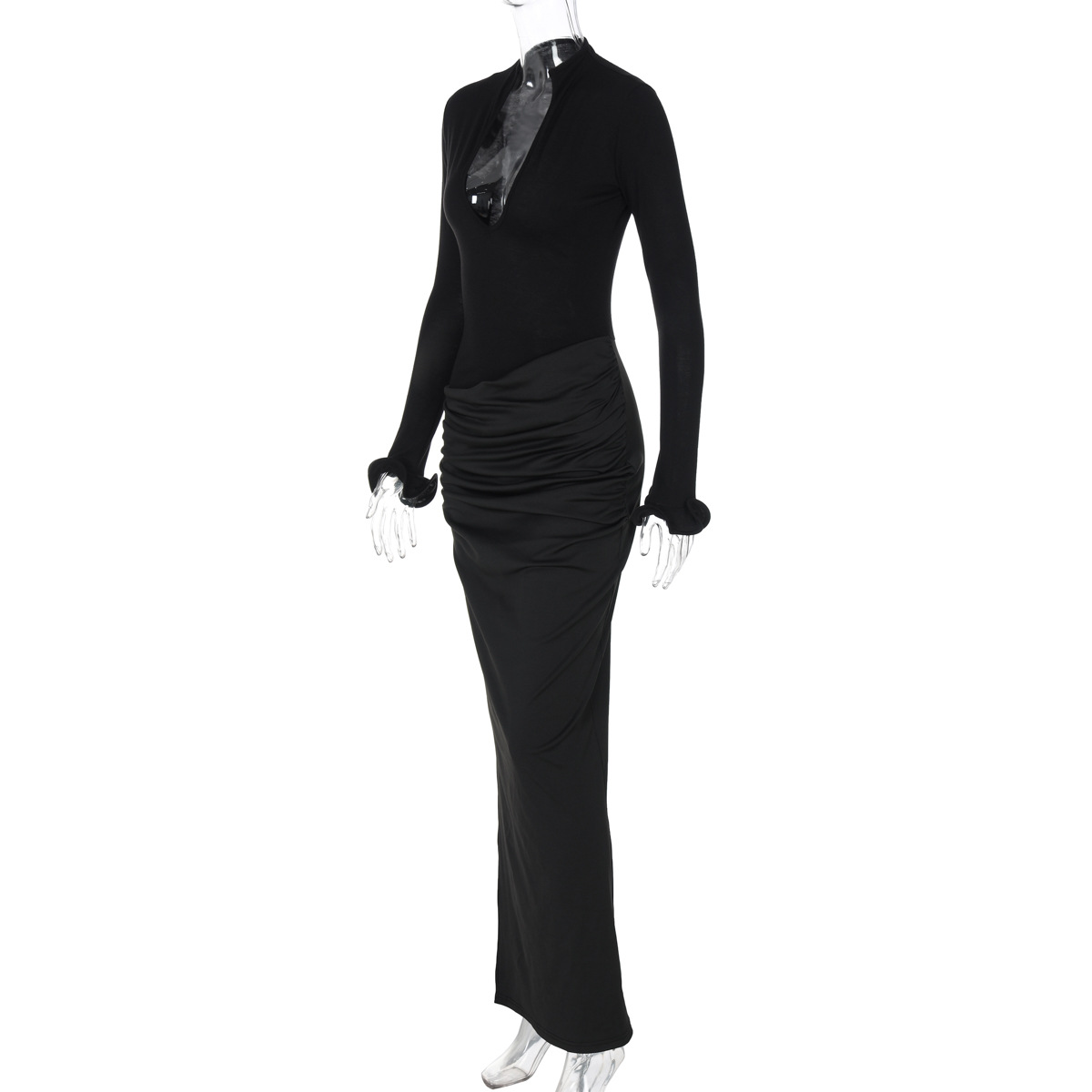 Women Clothing Sexy Deep V Plunge Long Sleeve Solid Color Sexy Double Stitching Pleated Maxi Dress