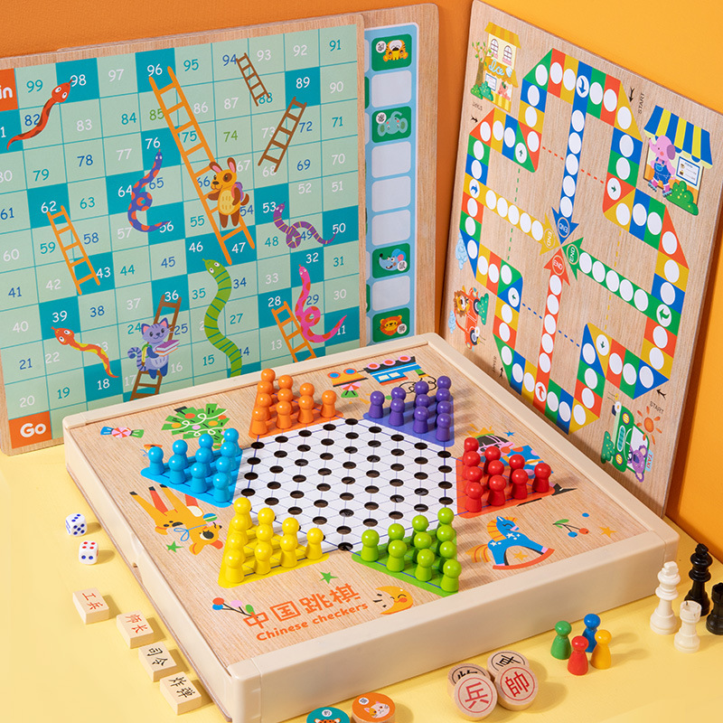 Large Children's Checkers Gobang Multifunction Chess Flying Chess Wooden Educational Toys for Primary School Students Wholesale