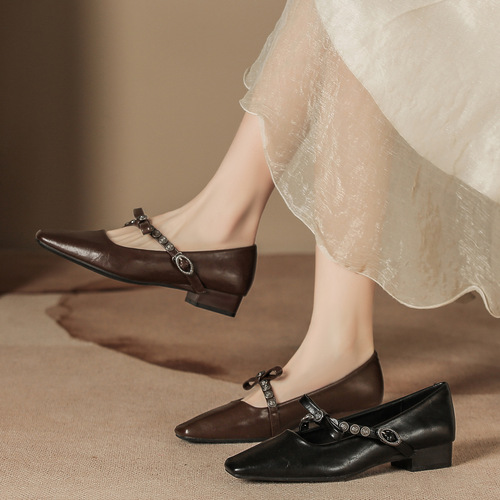 H8563-9 single-layer shoes, women's bow and buckle, thick heels, Mary Jane commuting temperament, women's shoes, square head, retro