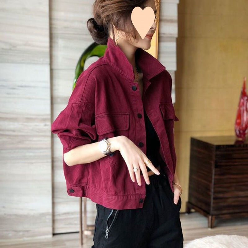 Burgundy Short Denim Jacket for Women 2025 Spring and Autumn Season Loose Versatile High-End Long-Sleeve Workwear Jacket Top