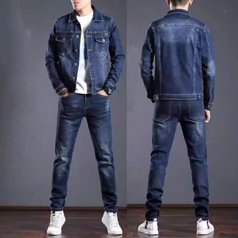 Spring and Autumn Denim Suit for Men, Korean Style Slim Fit Fashion Versatile Jacket Trendy Casual Coat and Pants Two-Piece Set