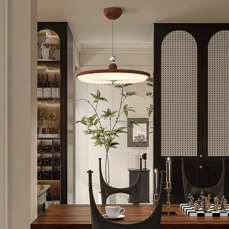 Lámpara de restaurante de estilo antiguo estilo japonés estilo americano retro patrón de nuez nueva mesa de comedor china mesa de comedor lámpara inteligente