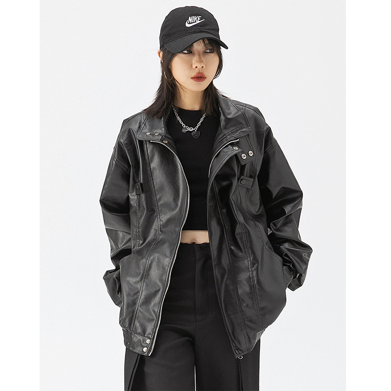 Vintage Workwear Pu Leather Jacket for Men and Women, Trendy New Motorcycle Jacket, Autumn American Street Style Stand Collar