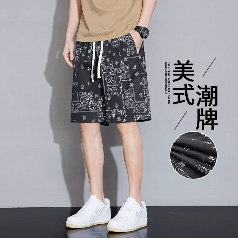 Мужские пляжные шорты больших размеров, летние тонкие шелковые шорты с цветочным принтом, свободные модные повседневные домашние быстросохнущие шорты с пятью точками