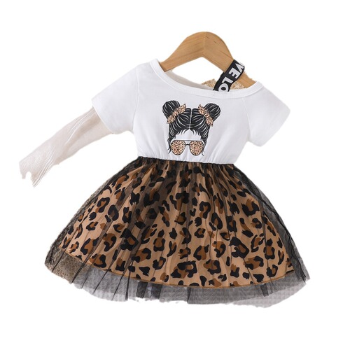 2024 Bestselling Summer Girls' Baby Dress New Baby Trendy Girl Print Splicing Leopard Print Net Dress