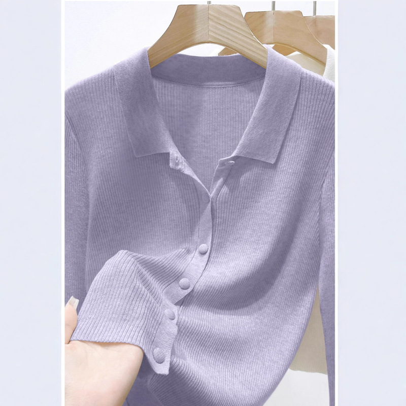 Polo Collar Long-Sleeved Knitted Cardigan Women's Tops Autum New Loose Slimming Look Women's Button Cardigan Women's Sweater