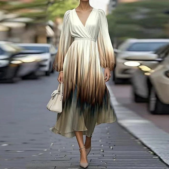 2025 European and American Clothing Amazon International Station Satin Long-Sleeved Digital Printing V Neck Dress Long Pleated Skirt