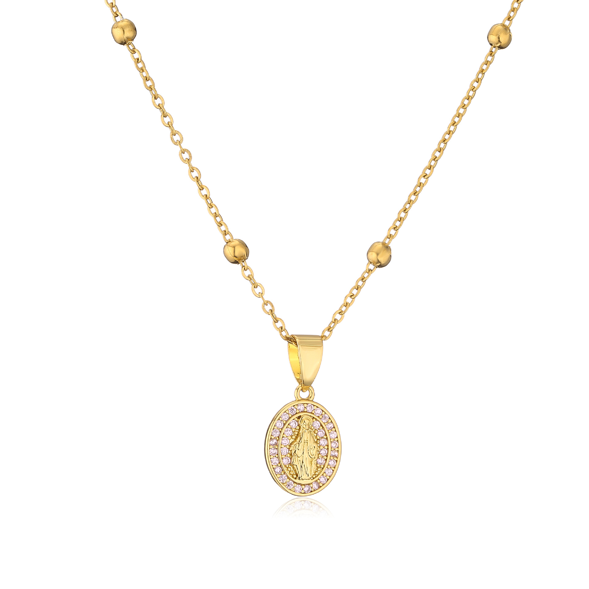 Micro Inlaid Zircon Oval Virgin Mary Pendant Stainless Steel Necklace