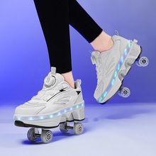 跨境新款四轮暴走鞋代步变形鞋自动伸缩轮滑运动鞋LED充电溜冰鞋