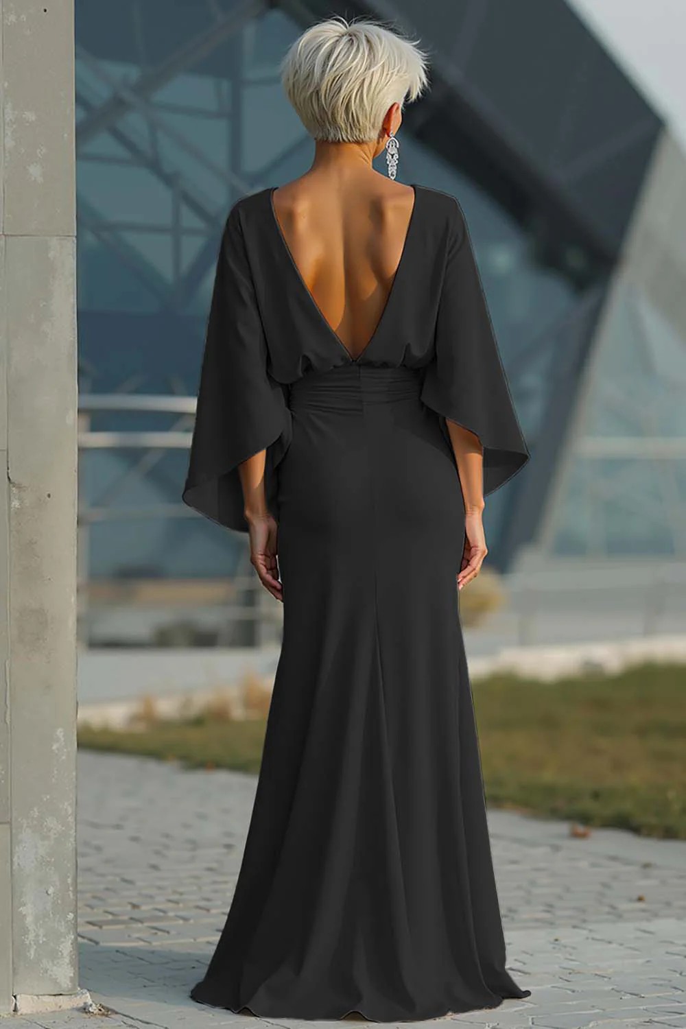 Elegant Backless Pleated Long Dress For Women American Style Slim Fit With Pockets New In Stock_ecoleips.com