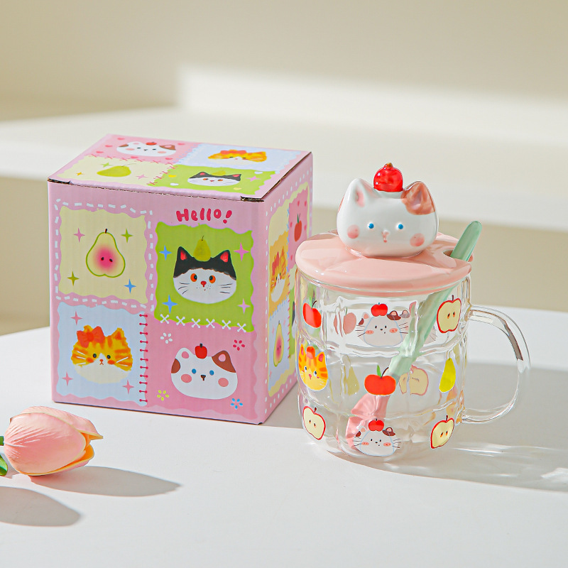 Gato estereoscópico pintado a mano alta resistencia al calor de vidrio de silicio de alta calidad de oficina con cubierta de cuchara de agua taza de dibujos animados taza de marca