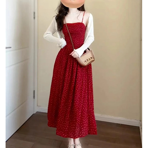 Plus-size vintage floral print women's summer sweet temperament waist-cinch strap dress with sun protection sweater two-piece set