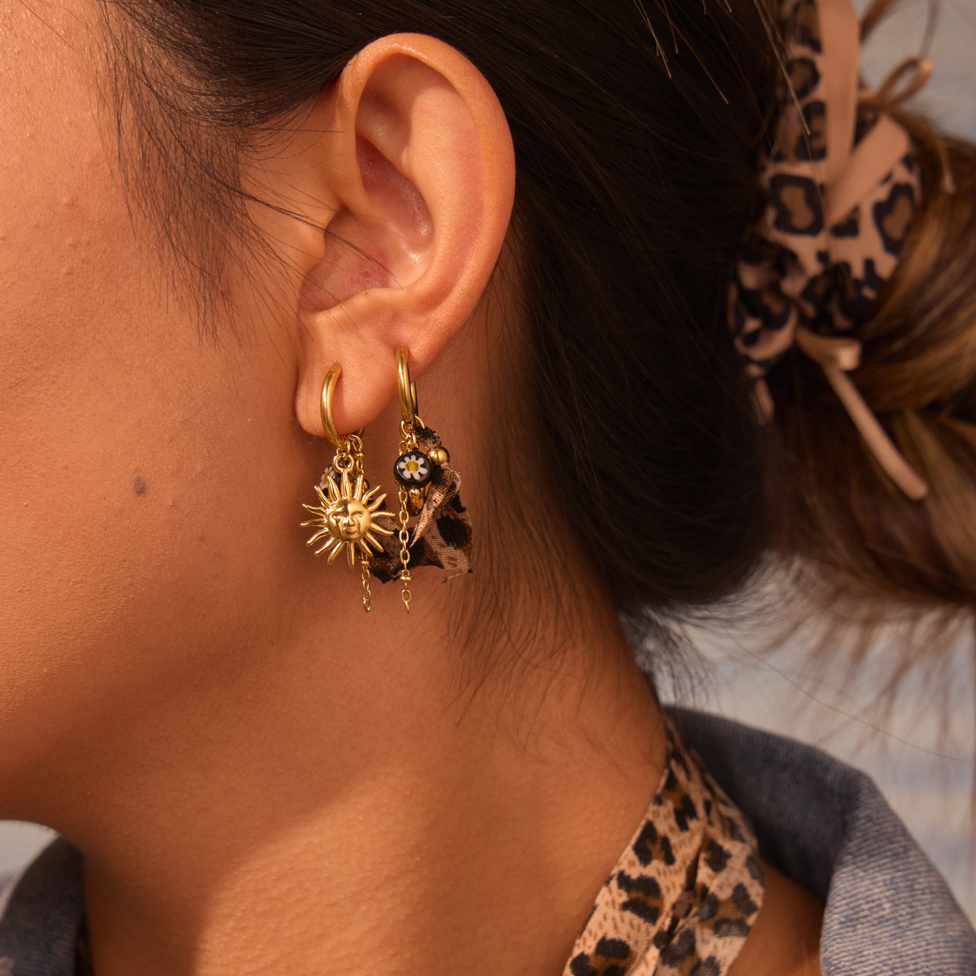 Serie di gioielli con stampa leopardata, orecchini ad anello, orecchini a bottone, collana, ciondolo Love Sun, orecchini in acciaio inossidabile, anello in acciaio al titanio, gioielli per le orecchie_voghion.com