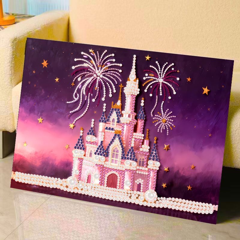 85c fireworks castle / Comes with glue [30* 40cm nailed solid wood inner frame] + pearls + dotting pen + diamond plate + jelly glue