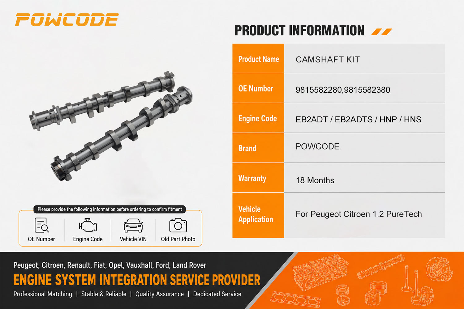 9815582380 9815582280 is suitable for the camshaft of Peugeot Citroen EB2ADT/S/F-1.2T