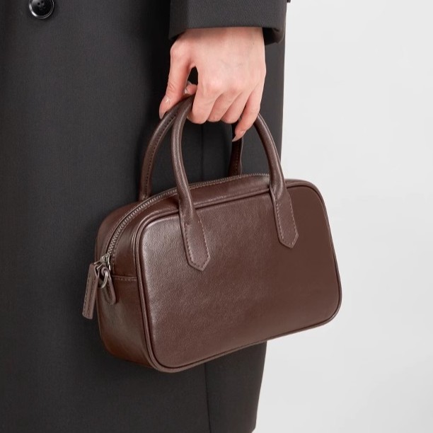 2025高级感植鞣头层牛皮波士顿保龄球包女复古黑色通勤手提斜挎包