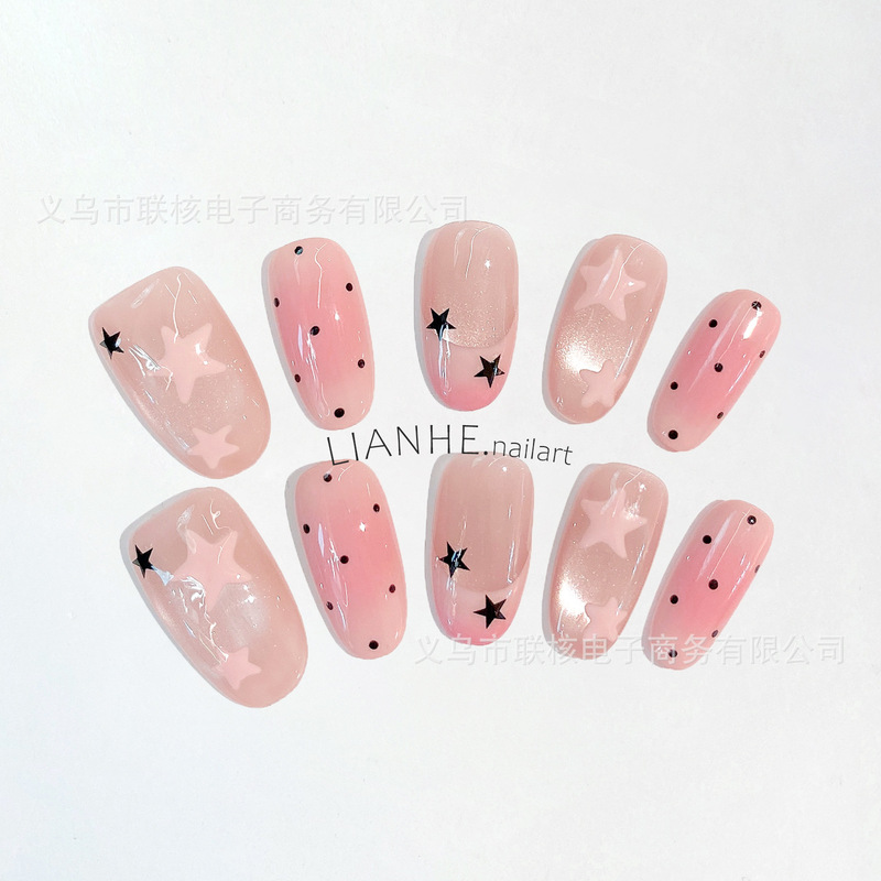 (Original) Handmade Wearable Nails with Five-Pointed Star Design, Polka Dots, Blush, Cat Eye, Cute Girly Style, High-End Nail Art Tips (Original) Handmade Wearable Nails with Five-Pointed Star Design, Polka Dots, Blush, Cat Eye, Cute Girly Style, High-End Nail Art Tips