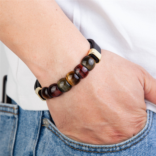 Cross-border fashion men's stainless steel multi-layer leather bracelet tiger's eye stone bead bracelet direct from the workshop wholesale