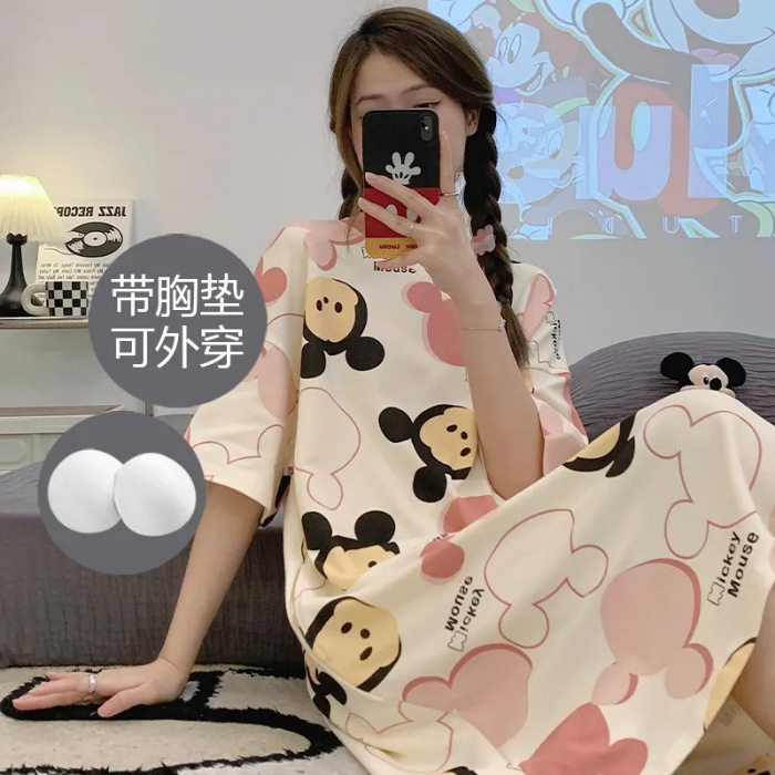 Pijama con cojín de pecho, vestido de algodón, vestido de pijama, dibujos animados dulces y lindos para aumentar la ropa para el hogar al por mayor.