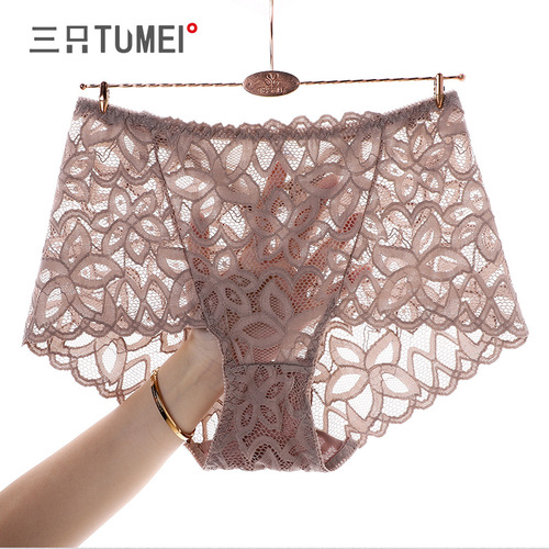 Three Rabbits Beauty Underwear Women's Mid-waist Lace Sexy Large Flower Briefs See-through Seamless Cotton Crotch Shorts Young Fat mm