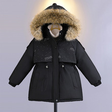 2025年新款中小童派克服面料烫钻戴帽连帽真毛保暖外套童棉袄