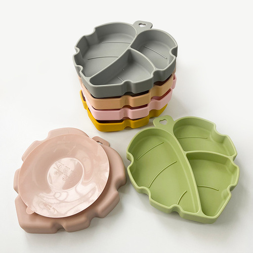 Three-compartment dinner plate for children to eat independently, large suction cup bowl, anti-tip silicone dinner plate, leaf baby food bowl