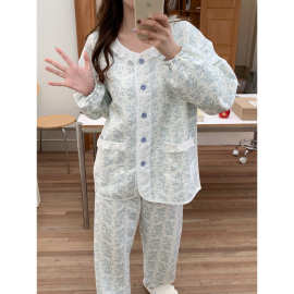 跨境专供外贸女士冬季夹层棉小清新碎花花边圆领家居服睡衣套装女