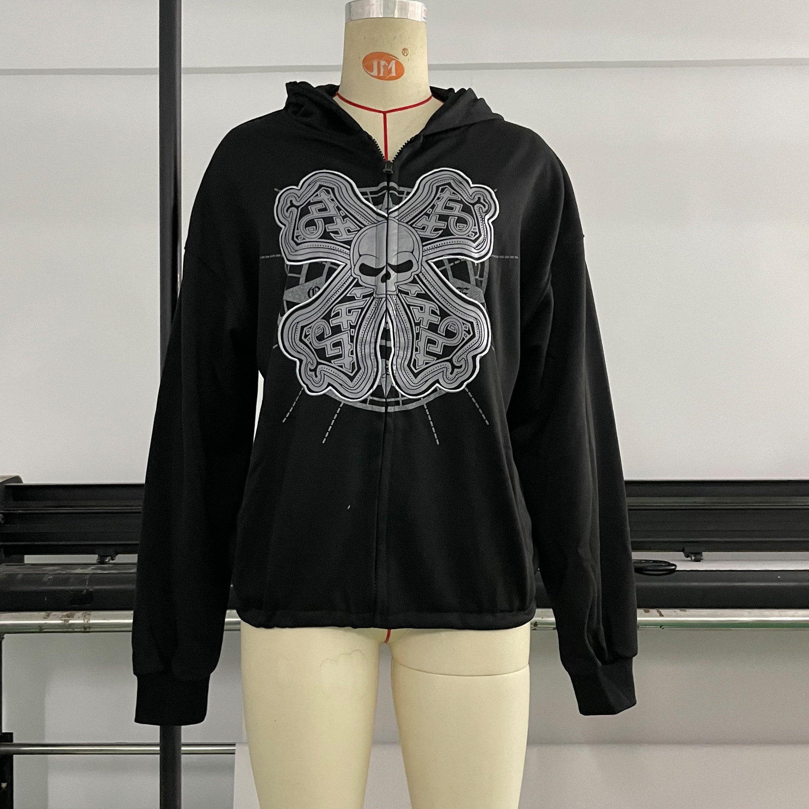 Abrigo de invierno para mujer, cárdigan con capucha y cremallera de manga larga con estampado de calaveras de Halloween_voghion.com