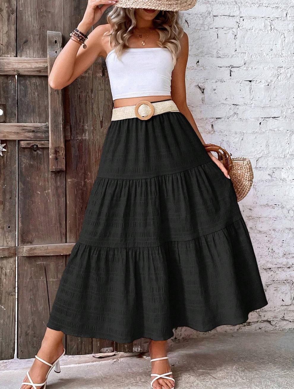 Polyester Fabric Type Summer Vacation Simple Style Solid Color Polyester Maxi Long Dress Skirts