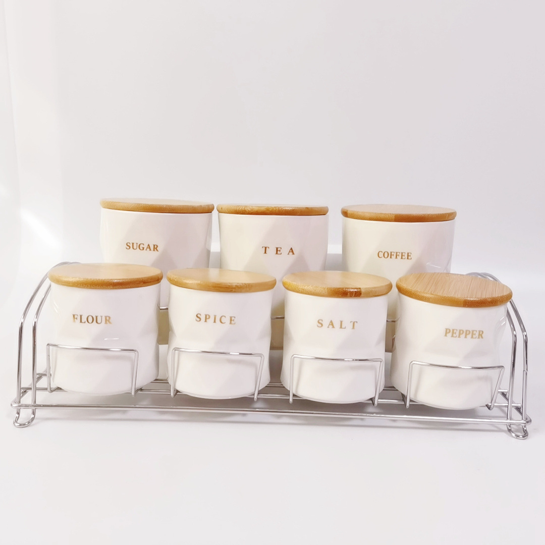Venta directa de fábrica exportación transfronteriza tarro de condimento de cerámica tarro de té en forma de diamante con accesorios de hierro forjado juego de tarro de almacenamiento