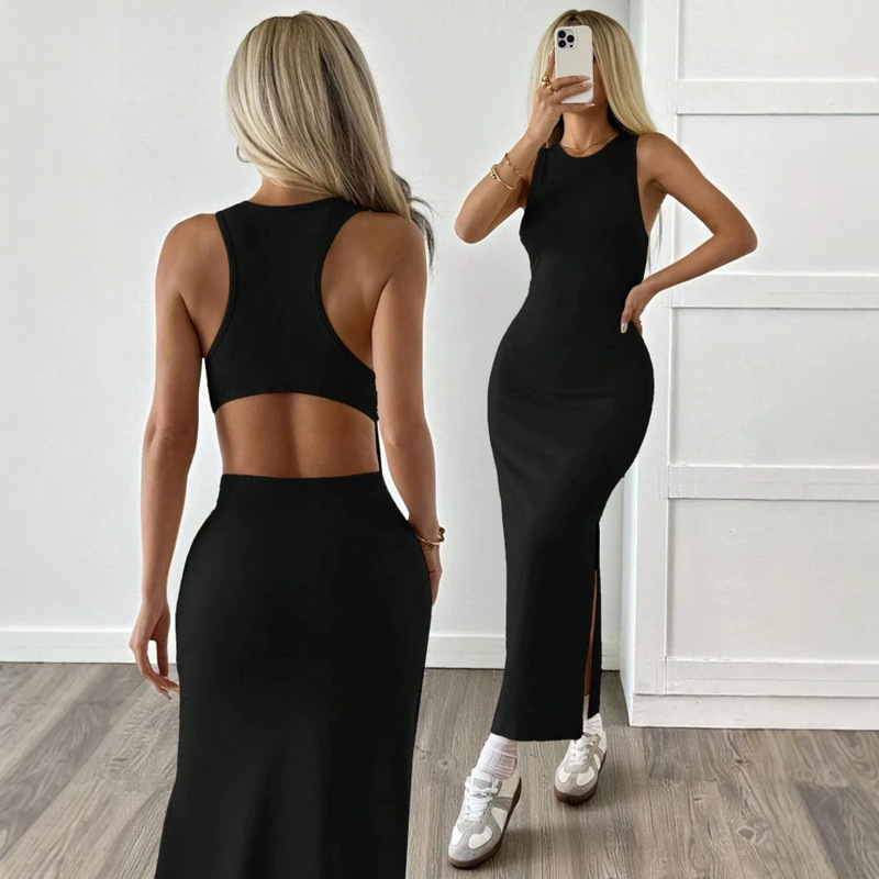 European and American Popular Style Backless Slim-Fit Women's Solid Color Knit Backless Bodycon Dress Long Sleeveless Dress European and American Popular Style Backless Slim-Fit Women's Solid Color Knit Backless Bodycon Dress Long Sleeveless Dress