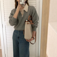 法式复古翻领长袖针织衫外搭毛衣女2025秋冬新款宽松慵懒短款上衣