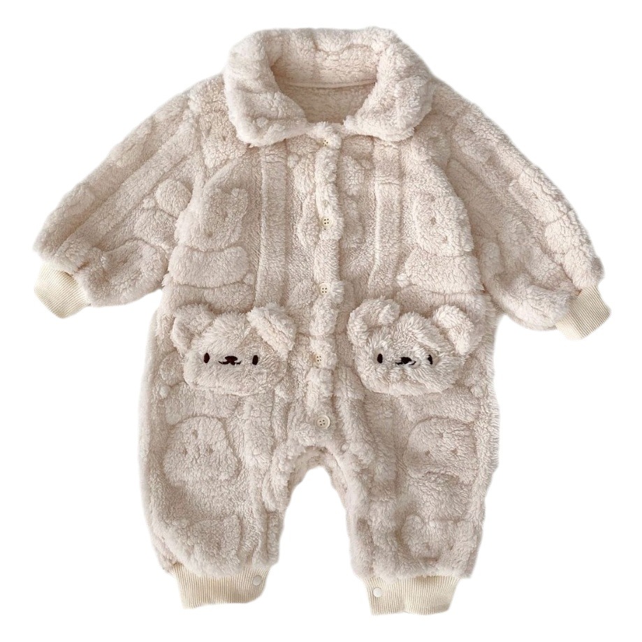 INS invierno Bebé mono hogar desgaste forro polar forrado ropa funda Super lindo bebé oso bolsillo pijama romper