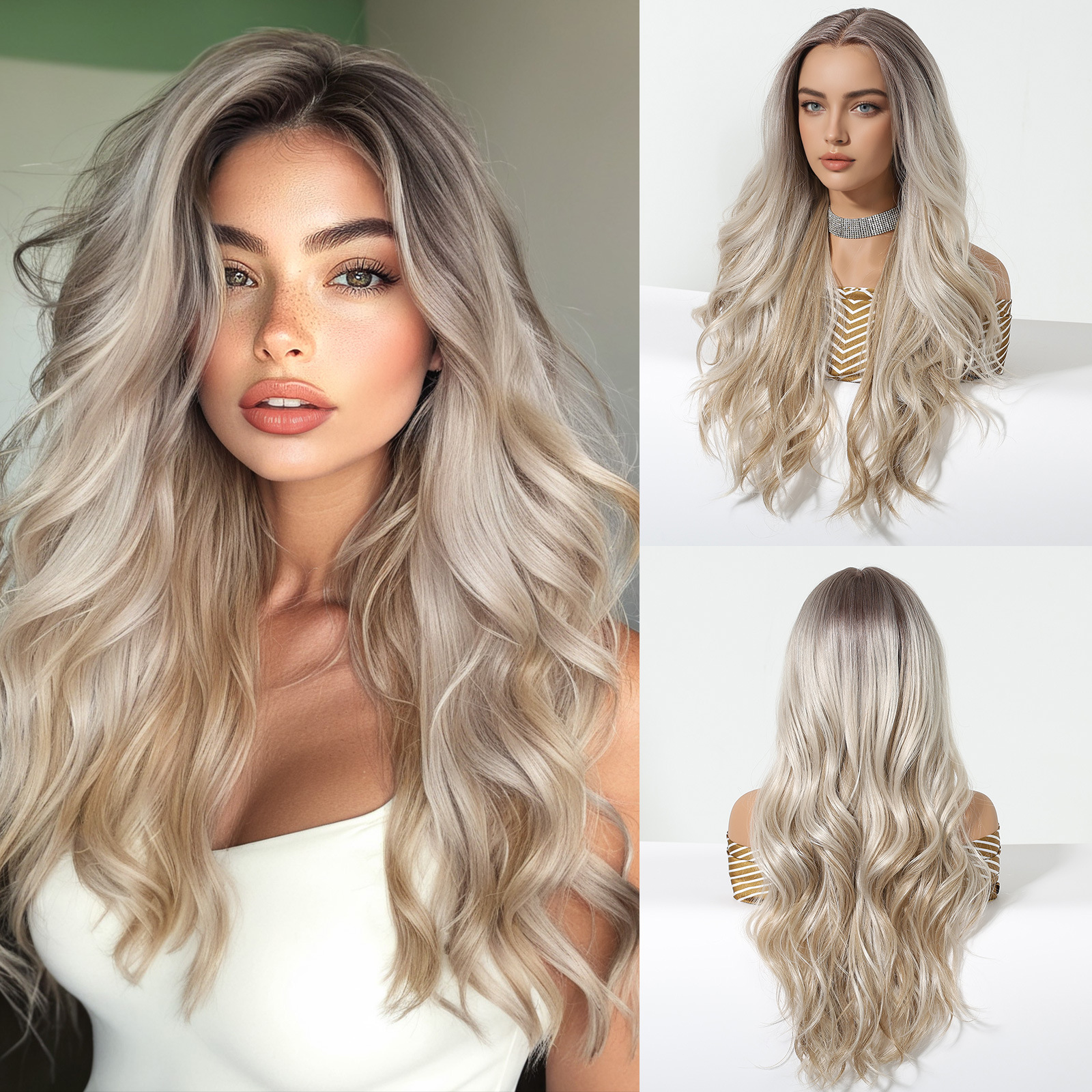 13 * 6 gran área de encaje libre de costura gradiente gris oscuro cuero cabelludo realista cabello largo rizado encaje cubierta de cabeza